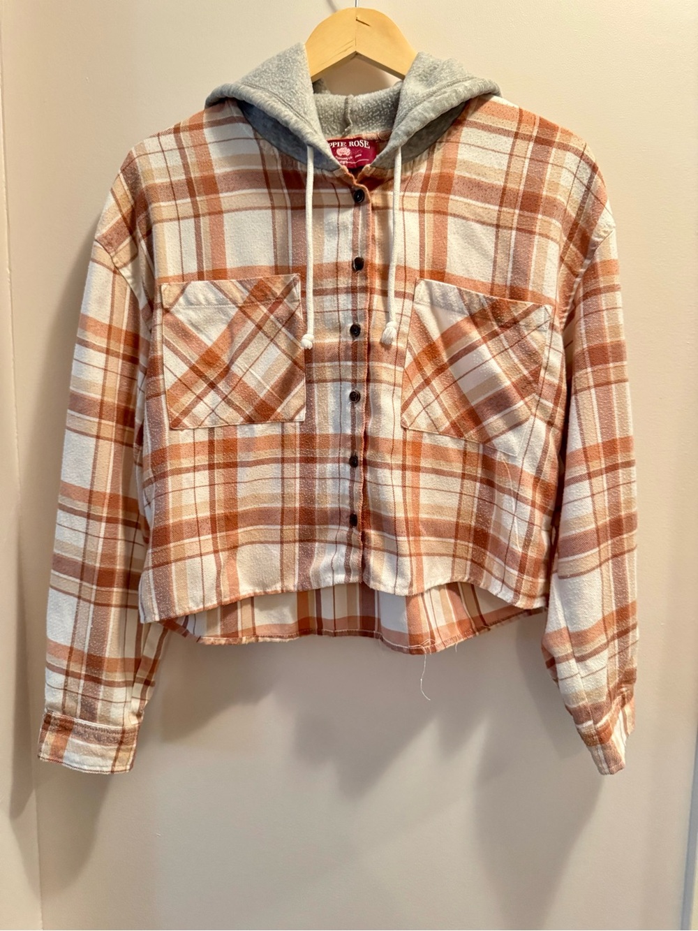 Hippie Rose Hooded Plaid Shacket Button Up Long Sleeve Jacket Orange Brown